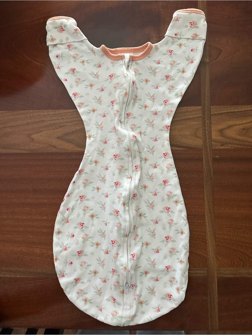 Swaddle Designs White Baby Swaddle Sack with Pink Rose Print and Peach Trim
